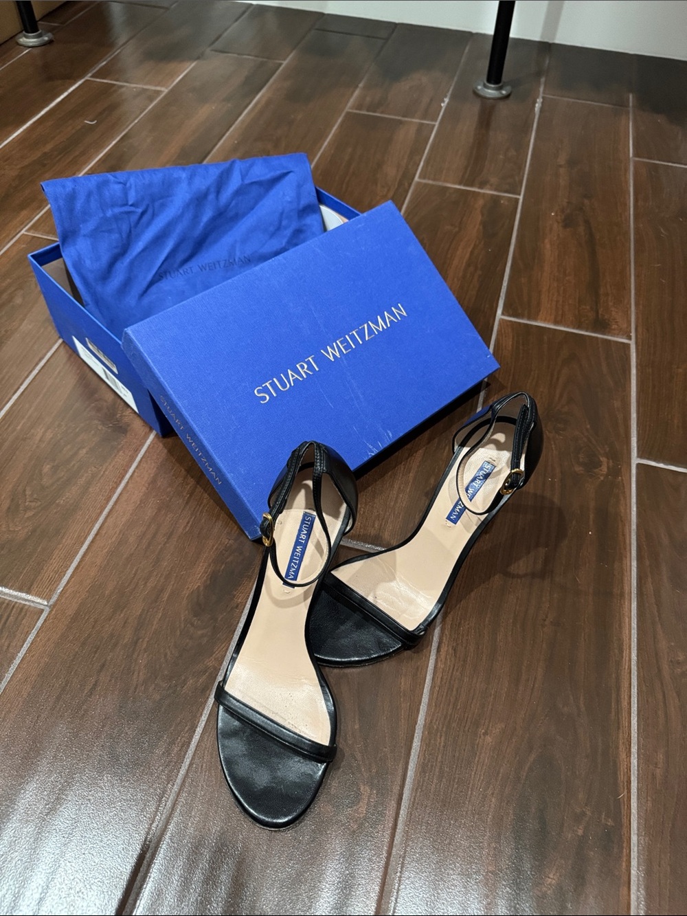 Stuart Weitzman Black Leather Ankle-Strap Sandals